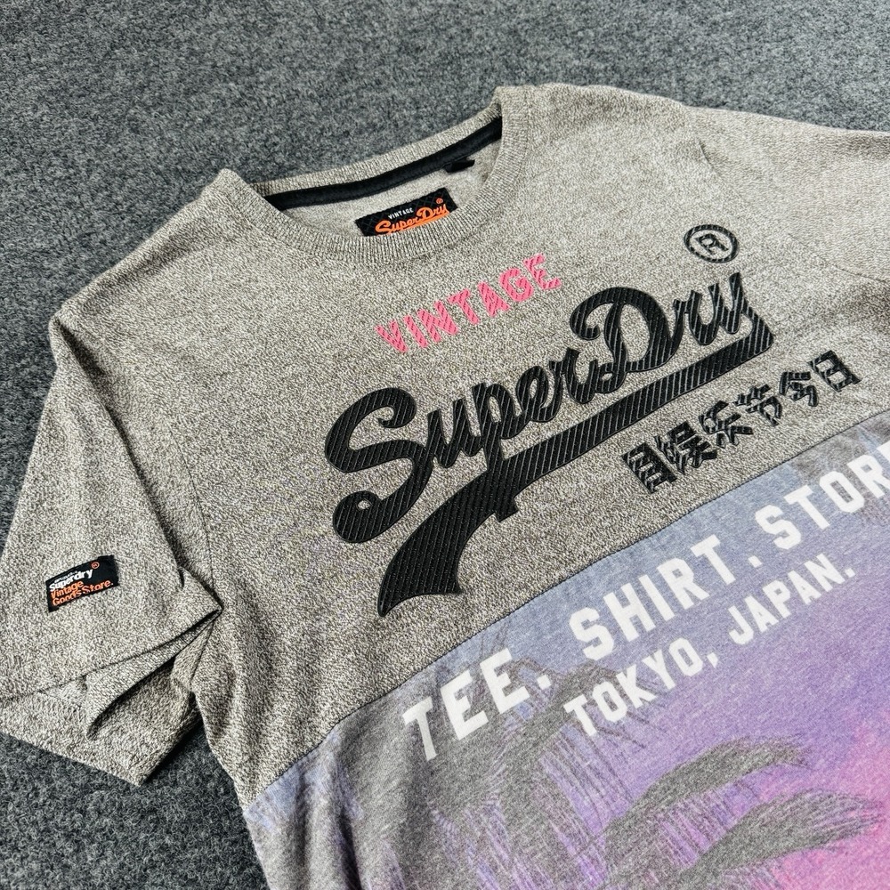 Superdry Men's T-Shirt L Gray Tee Graphic Logo Vintage Short Sleeve EUC
